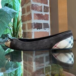 BURBERRY Brown Suede Haymarket Cap Toe Flats SZ37.5(7.5US)
